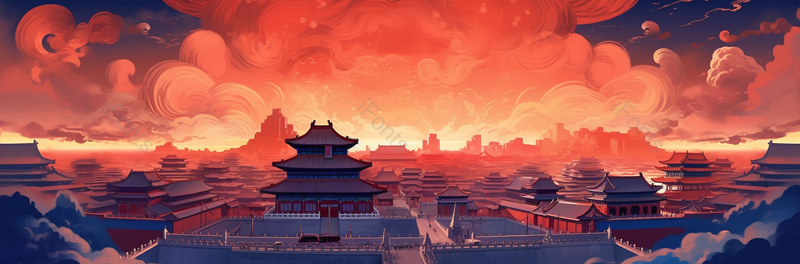 中国风古代房屋大气红色背景,插画/手绘图,插画/手绘图库,插画/手绘图下载,插画/手绘